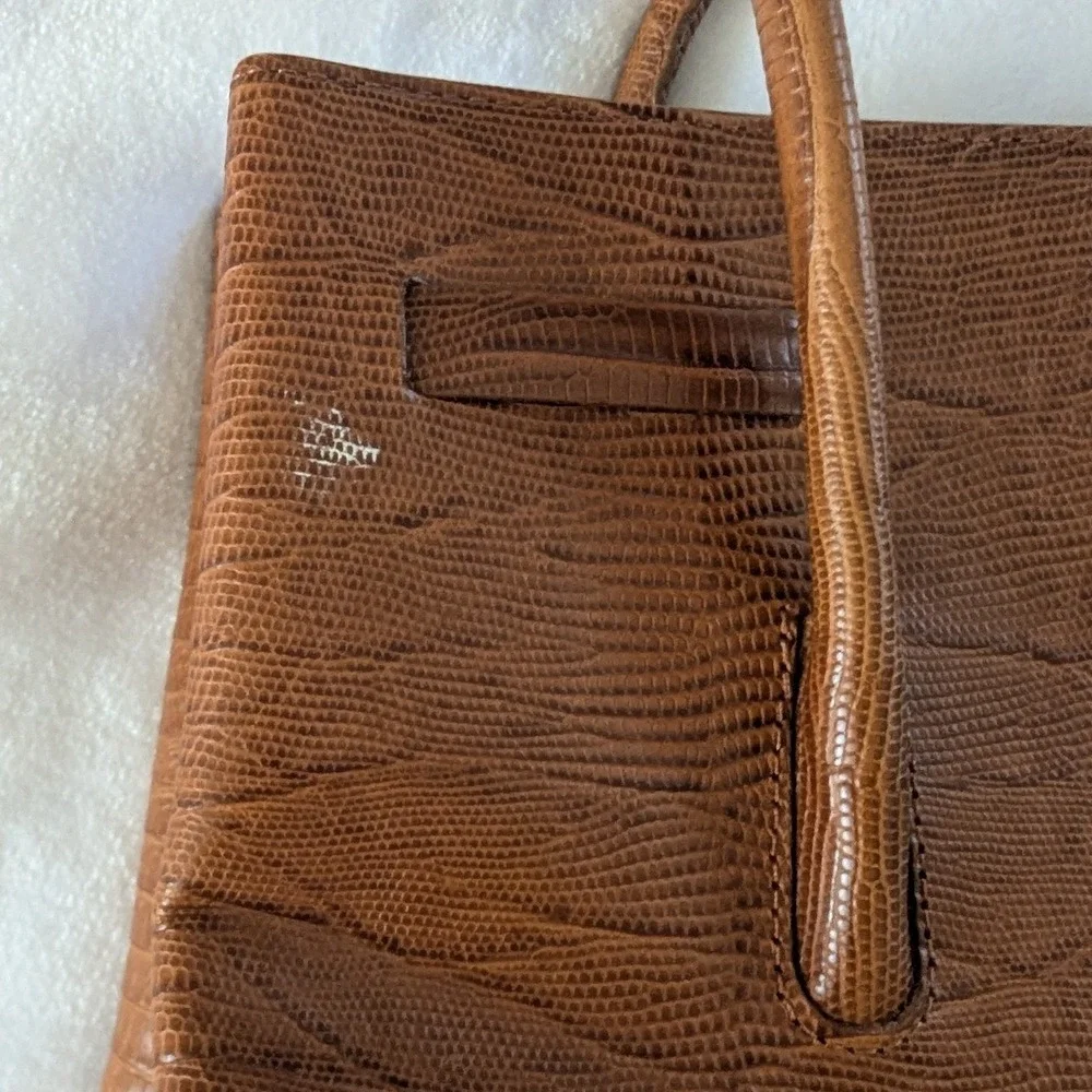 Vtg Ann Taylor Brown Cognac‎ Embossed Leather Satchel Bag Structured Work Tote